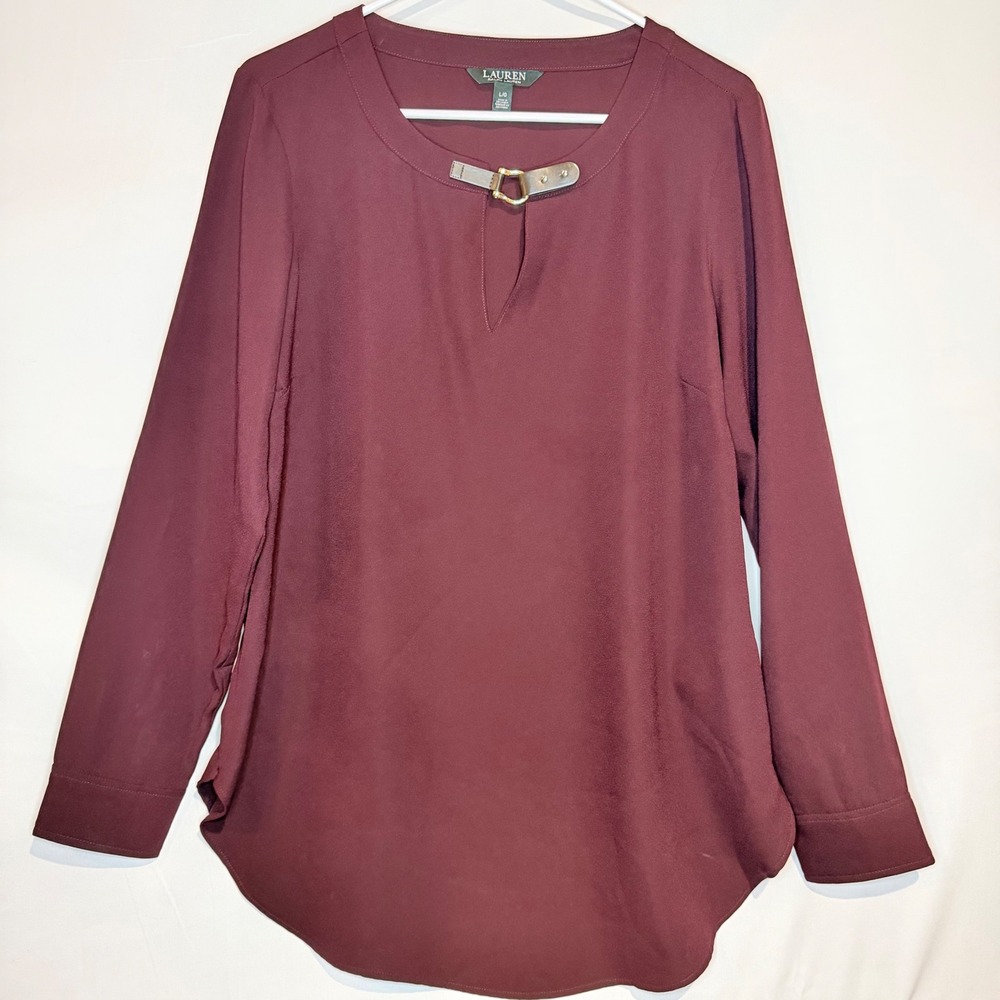 Lauren Ralph Lauren Burgundy Keyhole Buckle Blouse Long Sleeve Top Large